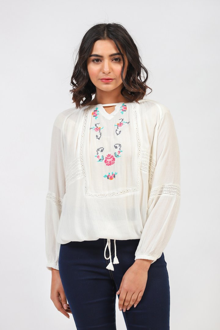 Embroidered Top With Waist Cord